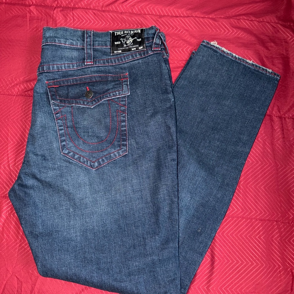 True Religion Men's Blue Straight Jeans with Red Stitching
